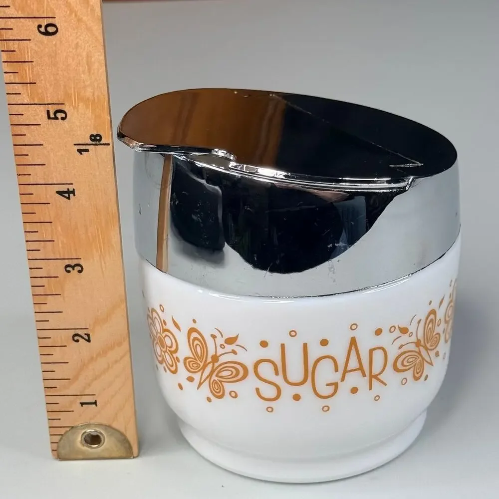 Vintage Gemco USA Milk Glass Sugar Canister Chrome Lid Butterfly 1970s Retro MCM
